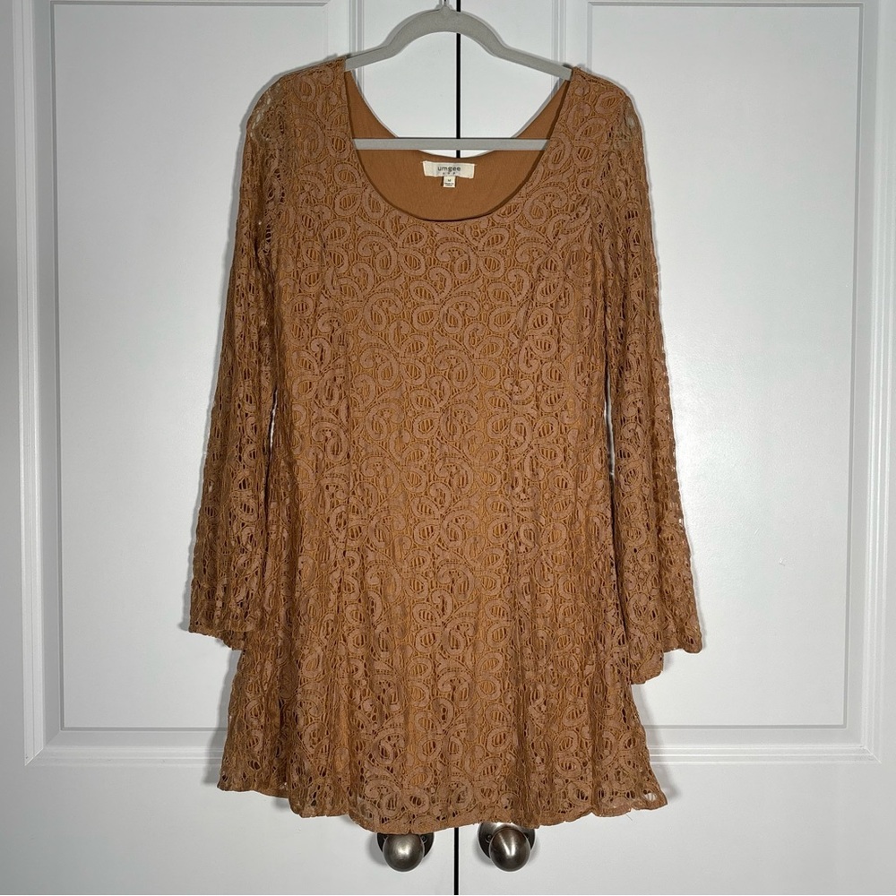 Umgee Mustard Lace Bell Sleeve Mini Dress